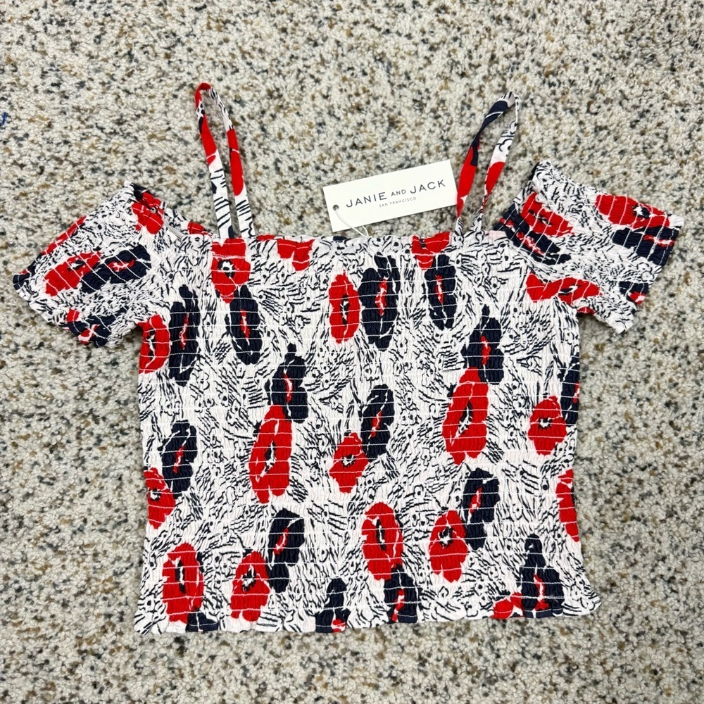 Janie and Jack Swim Top Girls 8 Floral Red White Blue Vacation Summer Smocked